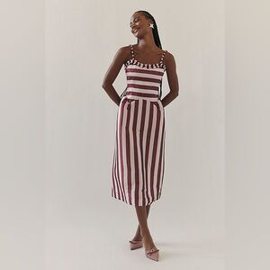 Damson Madder Rachel Ruffle Midi Dress Pink/Burgundy Stripe Size 12 NWT